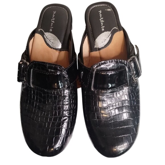 Nurture Black Patent Leather Reptile Pattern Libby Slip Clogs Size 7 US - Picture 2 of 9